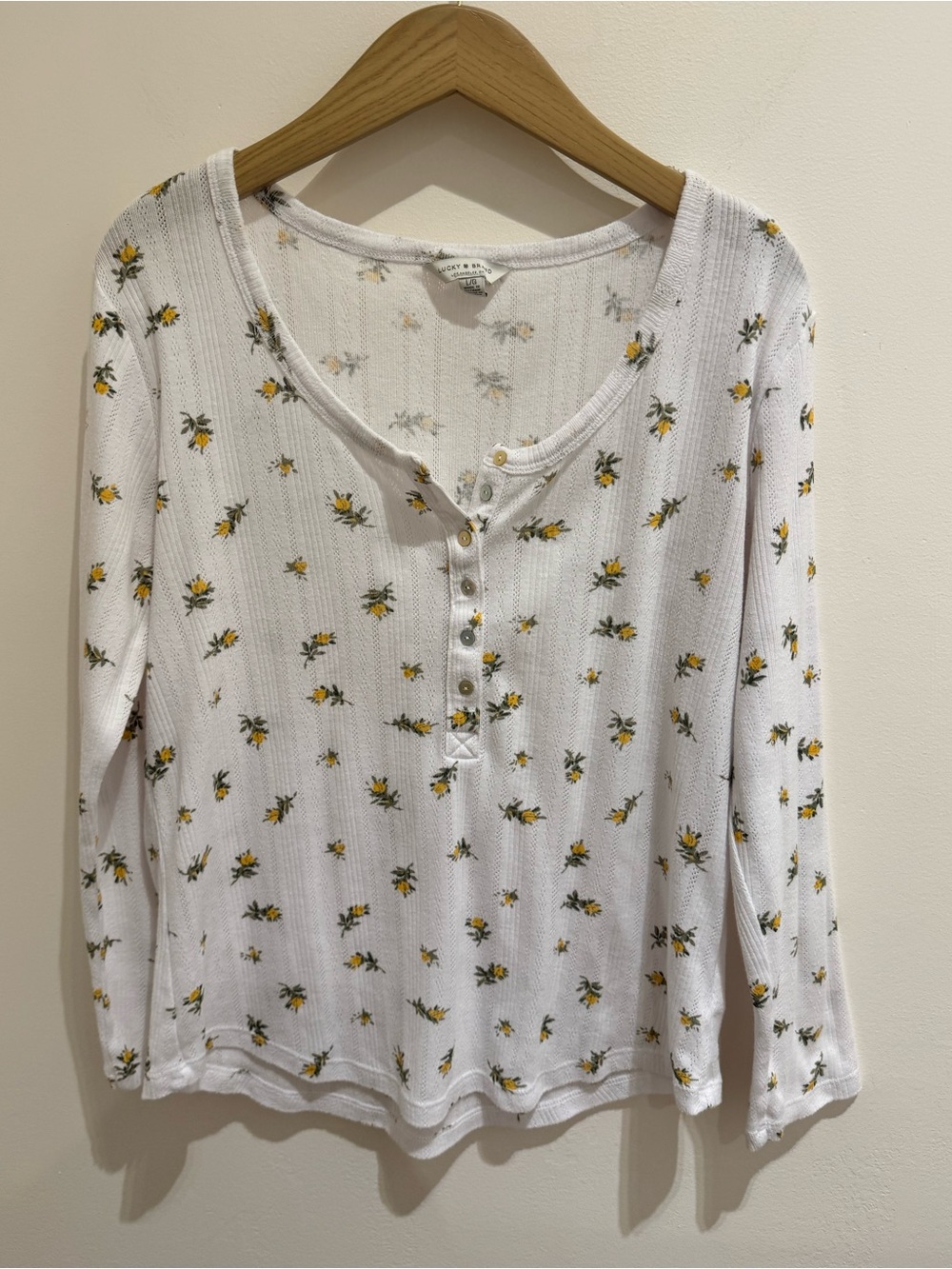 Lucky Brand White Henley with Yellow/Green Floral Print L